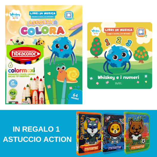 Kit Whiskey e i suoi Amici – Libro da leggere Whiskey e i numeri + Album da Colorare, Collana “Libri In Musica”. In REGALO Un Astuccio Mitama Versione Action